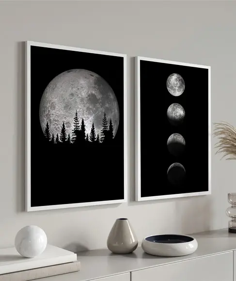 Quadros Decorativos Fases Da Lua Preto E Branco Com Moldura
