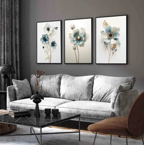 Quadros Decorativos Flor Azul Luxo Moderno Hall com Moldura
