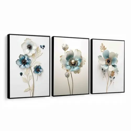 Quadros Decorativos Flor Azul Luxo Moderno Hall com Moldura