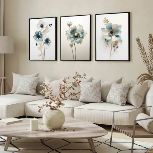 Quadros Decorativos Flor Azul Luxo Moderno Hall com Moldura