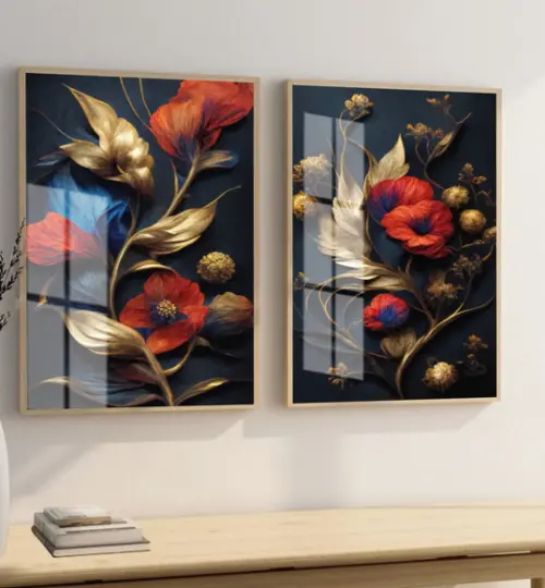 Quadros Decorativos Flor Dourada Vermelha Com Moldura Vidro