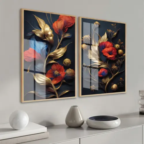 Quadros Decorativos Flor Dourada Vermelha Com Moldura Vidro