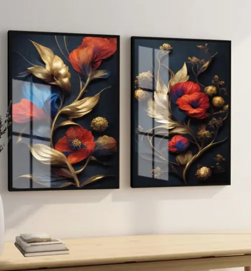 Quadros Decorativos Flor Dourada Vermelha Moldura E Vidro