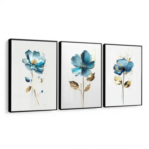 Quadros Decorativos Flores Azul Quarto Sala Moldura e Vidro