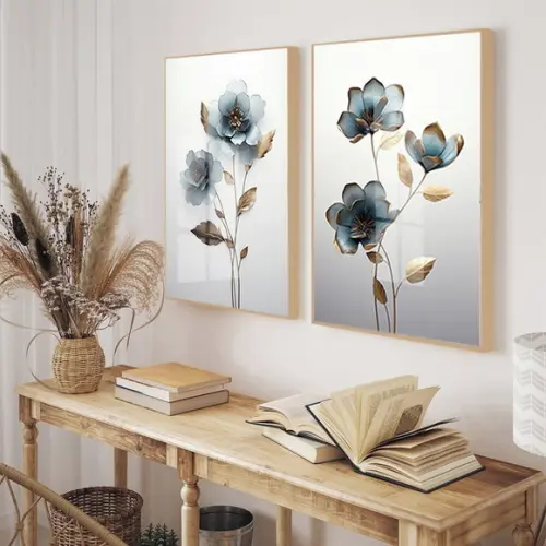 Quadros Decorativos Flores Azul Sala Luxo Moldura e Vidro