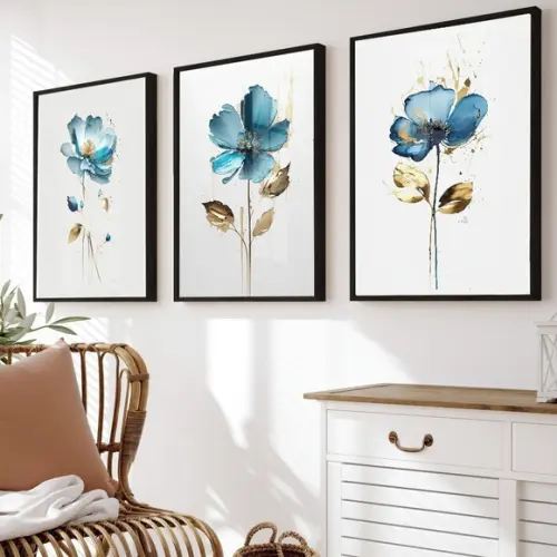 Quadros Decorativos Flores Azul Quarto Sala Moldura e Vidro