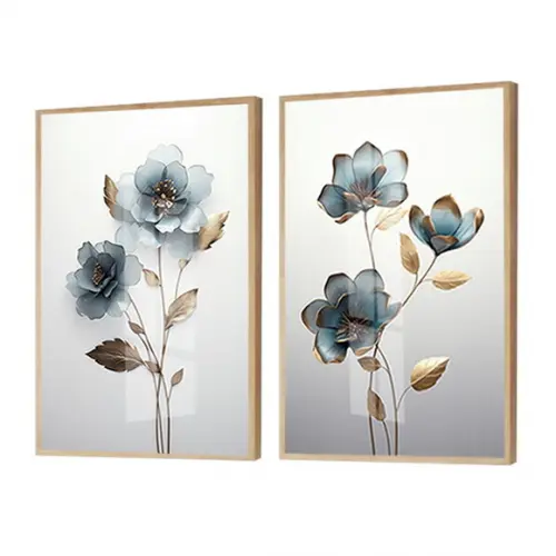 Quadros Decorativos Flores Azul Sala Luxo Moldura e Vidro