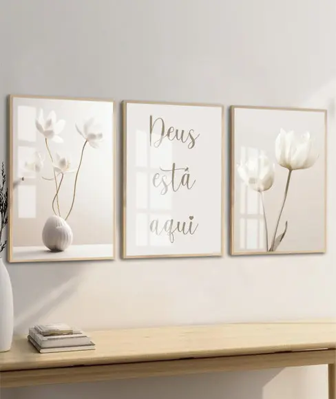 Quadros Decorativos Flores Bege Boho Deus Está Aqui Vidro
