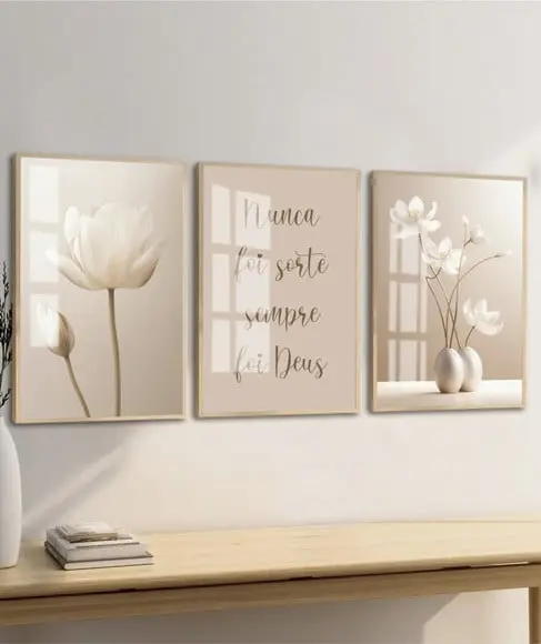 Quadros Decorativos Flores Bege Boho Frase Moldura e Vidro