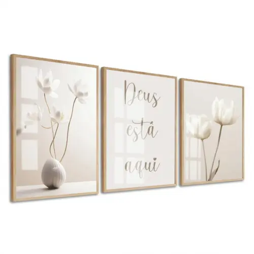 Quadros Decorativos Flores Bege Boho Deus Está Aqui Vidro