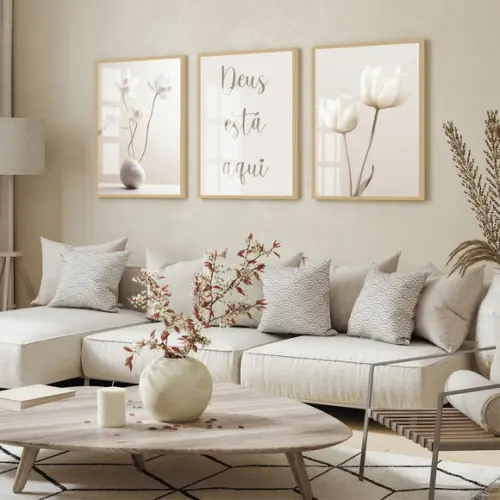 Quadros Decorativos Flores Bege Boho Deus Está Aqui Vidro