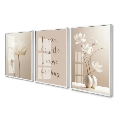 Quadros Decorativos Flores Bege Boho Frases Luxo com Vidro