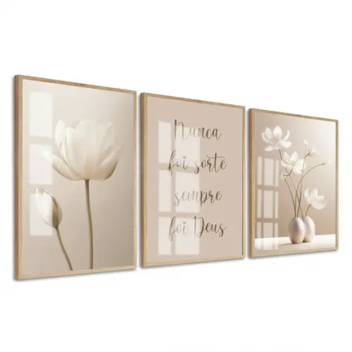 Quadros Decorativos Flores Bege Boho Frase Moldura e Vidro
