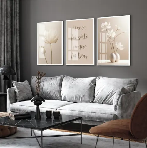 Quadros Decorativos Flores Bege Boho Frases Luxo com Vidro