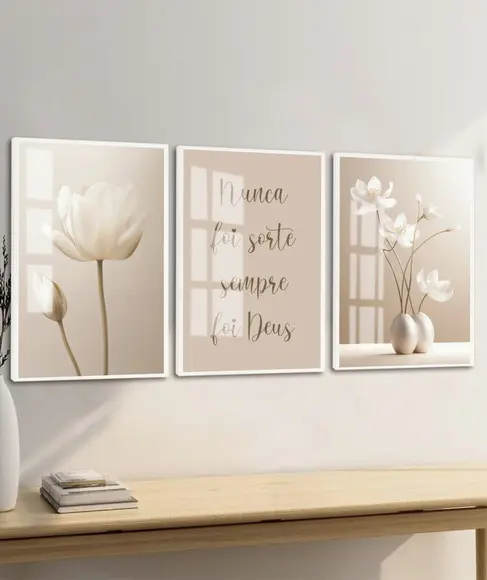 Quadros Decorativos Flores Bege Boho Frases Luxo com Vidro