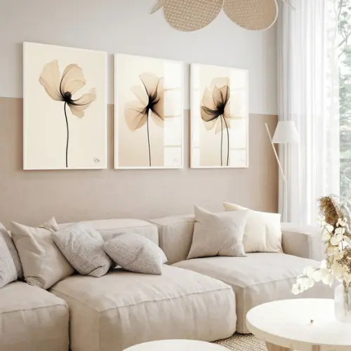 Quadros Decorativos Flores Bege Moderna Hall Luxo com Vidro