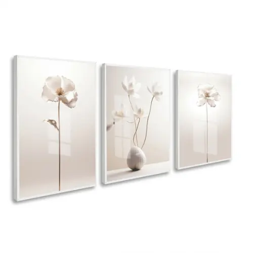 Quadros Decorativos Flores Bege Moderna com Moldura e Vidro