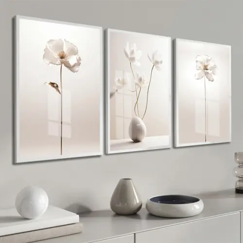 Quadros Decorativos Flores Bege Moderna com Moldura e Vidro