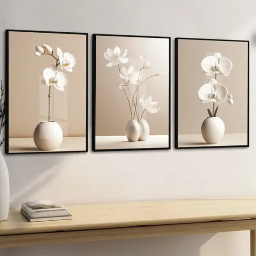 Quadros Decorativos Flores Bege Modernas com Moldura e Vidro