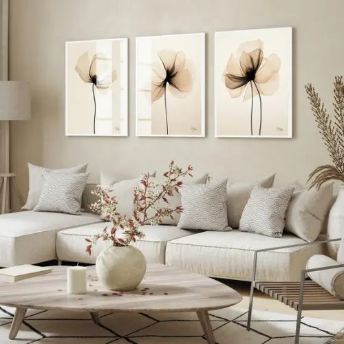 Quadros Decorativos Flores Bege Moderna Hall Luxo com Vidro
