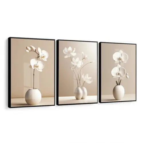 Quadros Decorativos Flores Bege Modernas com Moldura e Vidro