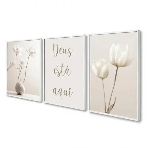 Quadros Decorativos Flores Boho Deus Está Aqui com Moldura