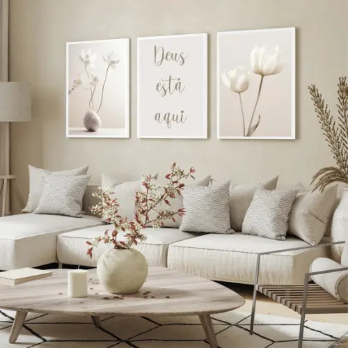 Quadros Decorativos Flores Boho Deus Está Aqui com Moldura