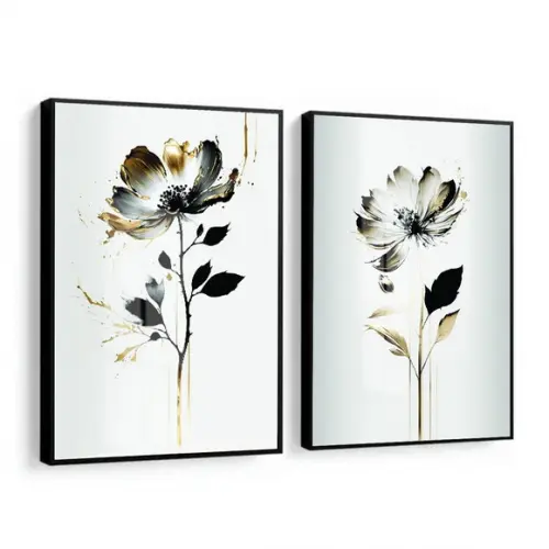 Quadros Decorativos Flores Branca e Dourada Moldura e Vidro