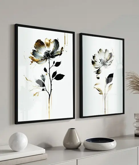 Quadros Decorativos Flores Branca e Dourada Moldura e Vidro