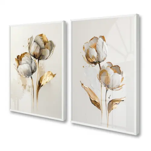 Quadros Decorativos Flores Brancas Douradas Vidro e Moldura