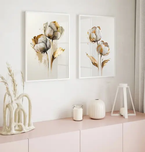 Quadros Decorativos Flores Brancas Douradas Vidro e Moldura