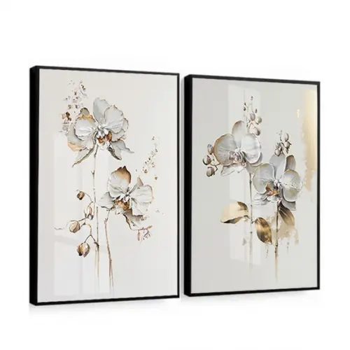 Quadros Decorativos Flores Brancas e Douradas Moldura Vidro