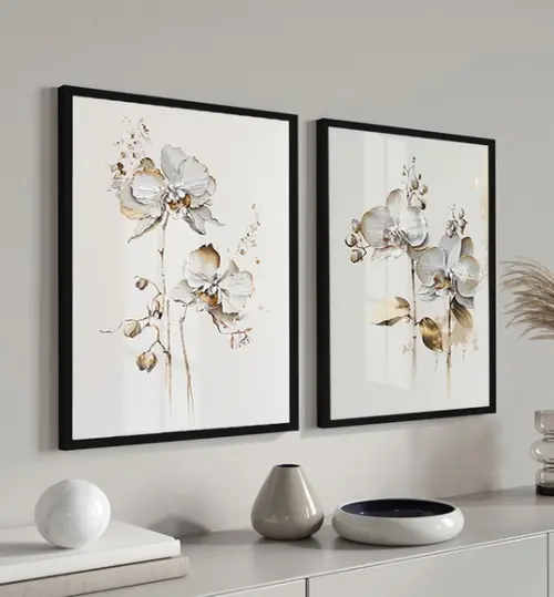 Quadros Decorativos Flores Brancas e Douradas Moldura Vidro