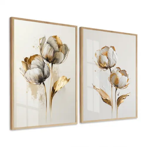 Quadros Decorativos Flores Brancas e Douradas Moldura Vidro