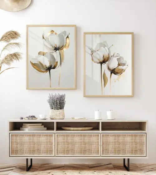 Quadros Decorativos Flores Brancas e Douradas Vidro Moldura