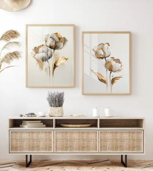 Quadros Decorativos Flores Brancas e Douradas Moldura Vidro
