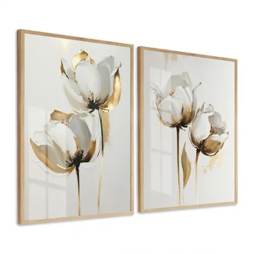 Quadros Decorativos Flores Brancas e Douradas Vidro Moldura