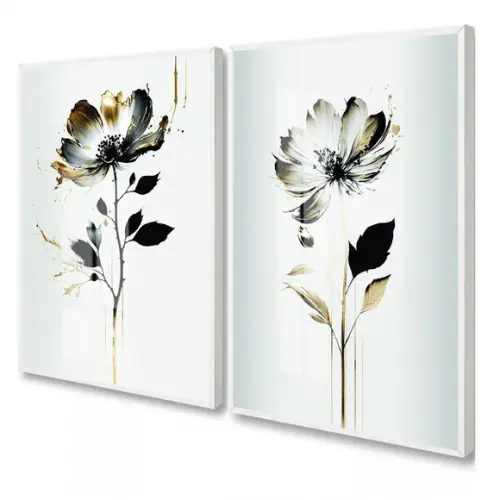 Quadros Decorativos Flores Brancas e Gold Moldura e Vidro