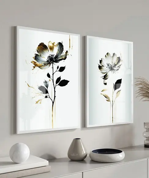 Quadros Decorativos Flores Brancas e Gold Moldura e Vidro