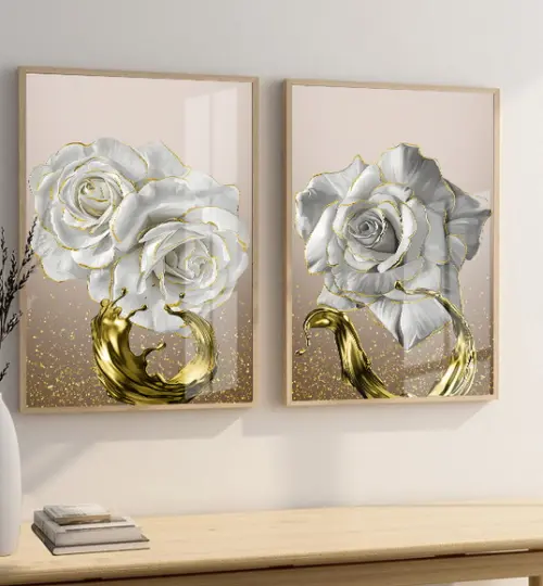 Quadros Decorativos Flores Brancas Gold Com Moldura e Vidro