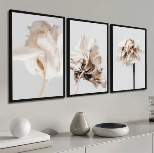 Quadros Decorativos Flores Brancas Modernas Nude com Moldura