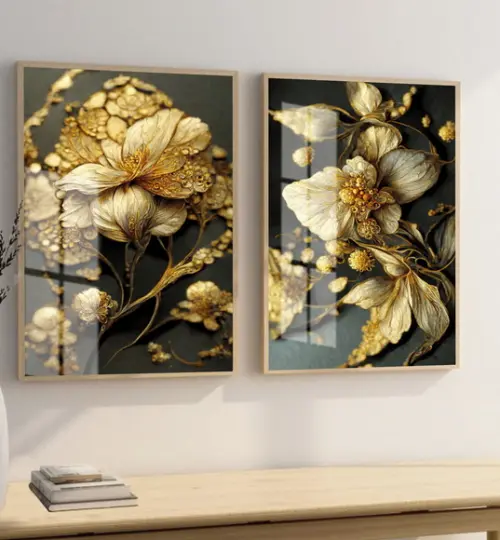 Quadros Decorativos Flores Douradas Gold Com Moldura E Vidro