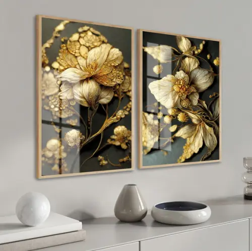 Quadros Decorativos Flores Douradas Gold Com Moldura E Vidro