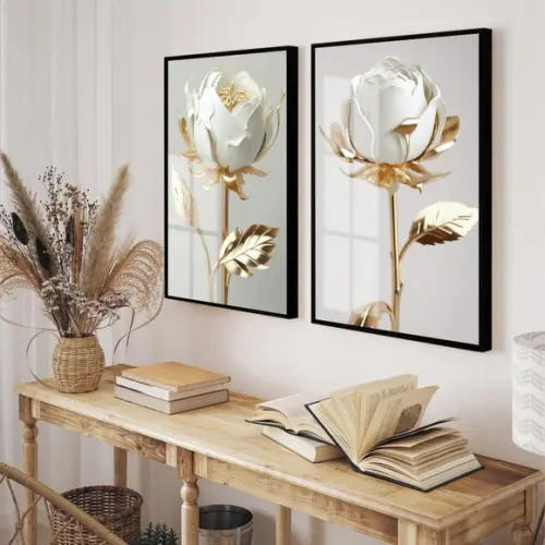 Quadros Decorativos Flores Douradas e Brancas Moldura Vidro