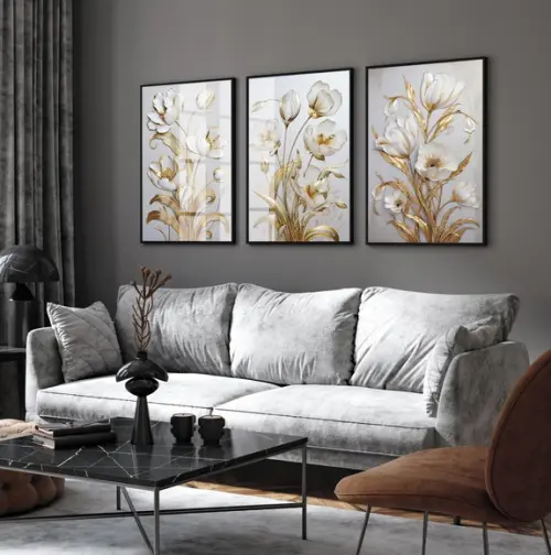 Quadros Decorativos Flores Douradas Gold Luxo Moldura Vidro