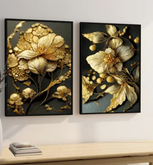 Quadros Decorativos Flores Douradas Para Sala Com Moldura