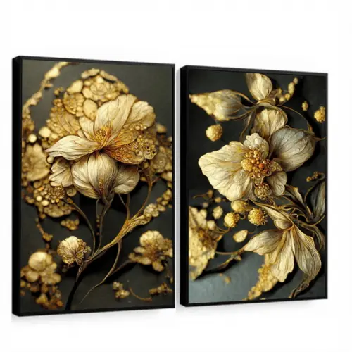 Quadros Decorativos Flores Douradas Para Sala Com Moldura