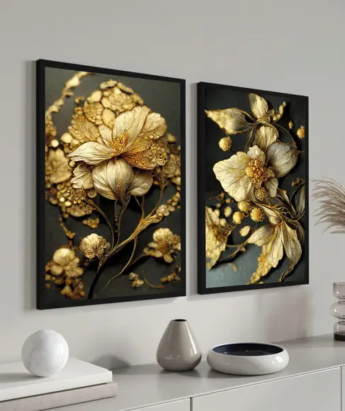 Quadros Decorativos Flores Douradas Para Sala Com Moldura