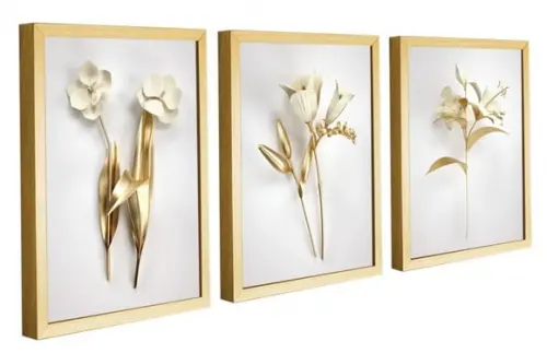 Quadros Decorativos Flores Douradas para Sala Quarto Moderno