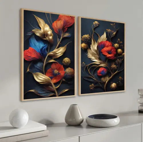 Quadros Decorativos Flores Douradas Vermelhas Com Moldura